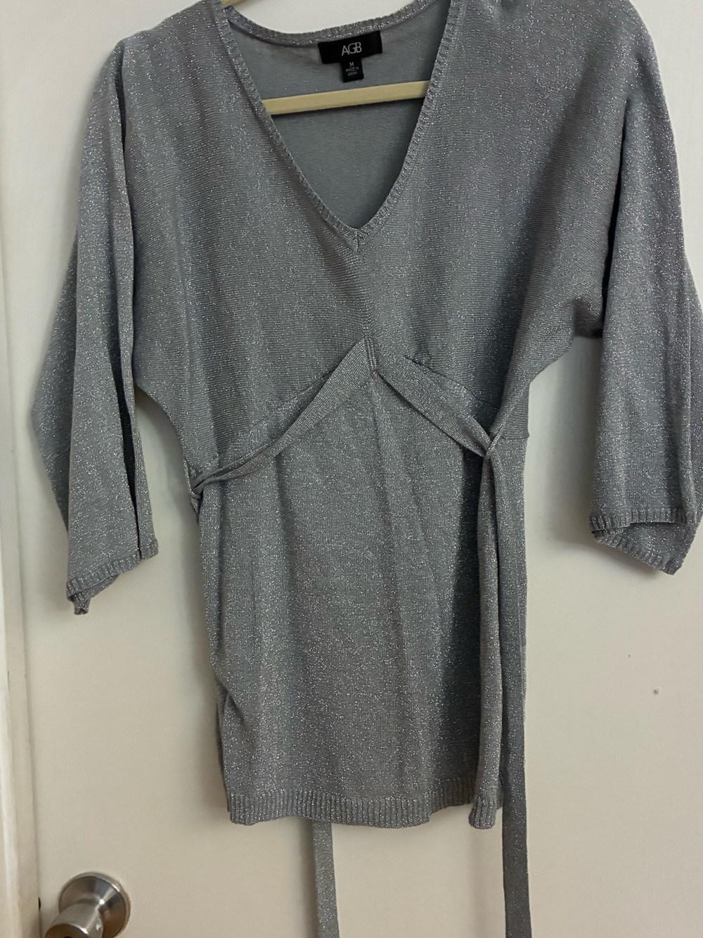 AGB Silver Shimmer V-Neck Sweater with Waist Tie